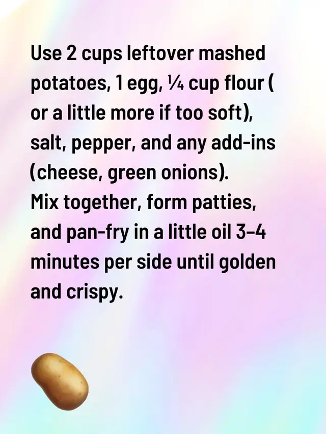 If you grew up in the South, you already know… Mamaw never wasted a thing, especially mashed potatoes. These old-fashioned potato cakes are the kind of recipe she made the morning after every holiday — crispy edges, soft centers, and that homemade, love-filled flavor you just can’t recreate any other way. All you need are leftover mashed potatoes, an egg, a little flour, and a hot skillet. Mix it, pat it into cakes, and fry until golden. Simple ingredients, simple steps, and somehow they taste like childhood, comfort, and home. If you’re searching for leftover ideas, leftover recipes, or a cozy way to bring back old-time cooking, this is one of those “taste of Mamaw’s kitchen” moments. It’s the perfect Thanksgiving leftover makeover — warm, nostalgic, and made to be shared. 🥔✨🤎 #thanksgivingleftovers #oldfashionedrecipes #potatocakes #mamawskitchen #leftoverideas   