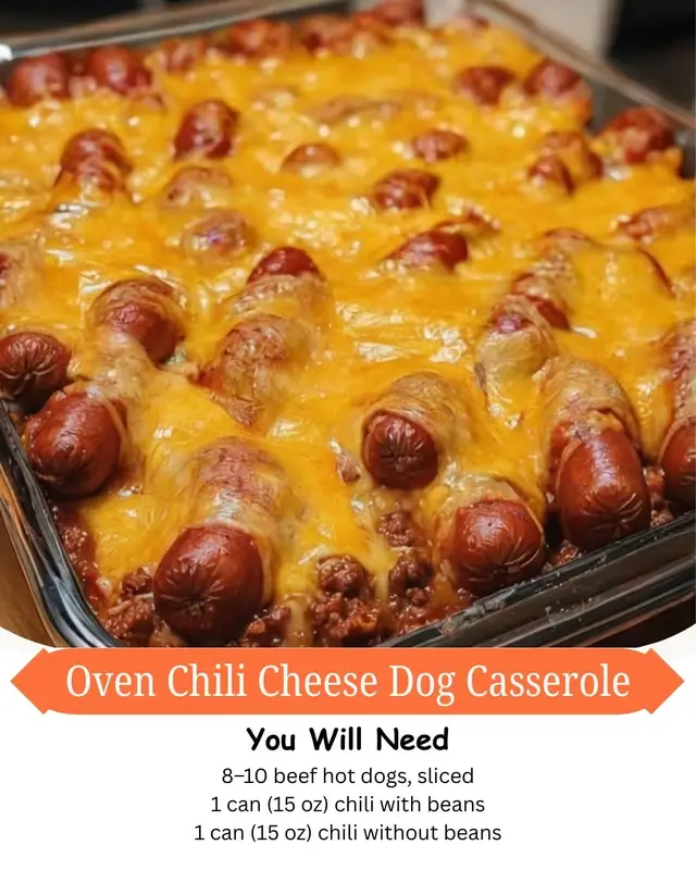 Oven Chili Cheese Dog Casserole YAY OR NAY!🔥🔥🔥🔥🔥🔥🔥🔥 . Ingredients For the Base: 8–10 beef hot dogs, sliced 1 can (15 oz) chili with beans 1 can (15 oz) chili without beans 1 small onion, diced (optional) 1 tsp garlic powder 1 tsp paprika ½ tsp black pepper For the Biscuit Layer: 1 can refrigerated biscuit dough (or crescent rolls) 1–2 tbsp melted butter ½ tsp garlic powder ½ tsp dried parsley (optional) For the Cheese: 1 ½–2 cups shredded cheddar ½ cup mozzarella (optional for extra melty goodness) Instructions 1. Preheat the Oven Set oven to 375°F (190°C). 2. Make the Chili Base Combine sliced hot dogs, both cans of chili, onion, garlic powder, paprika, and black pepper. Mix everything well. Spread into a greased baking dish. 3. Add the Cheese Sprinkle cheddar (and mozzarella if using) over the chili mixture. 4. Add Biscuit Topping Cut biscuits into quarters. Toss in melted butter mixed with garlic powder and parsley. Spread the biscuit pieces evenly on top. 5. Bake Bake 25–30 minutes or until biscuits are golden and cooked through. 6. Serve Let rest 5 minutes. Scoop, serve, and enjoy a cheesy chili-loaded comfort classic! . #ChiliCheeseBake #ComfortFoodClassic #HotDogCasserole