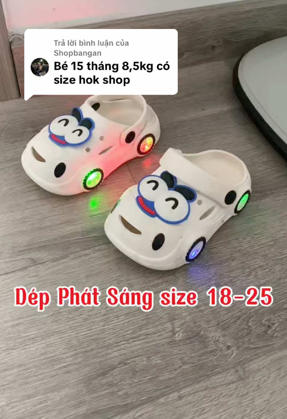 Trả lời @Shopbangan  Dạ có size chị ạ, size Dép Phát Sáng 18-25 tương ứng chiều dài chân Bé 12.5-15.5cm. BaMe chọn giúp em size theo chiều dài chân Bé nha, có nhiều màu cả Bé Trai - Gái ạ …  @Gia Đình Minh Khôi  @Gia Đình Minh Khôi  #giadinhminhkhoi #giaydep #depphatsang #depbetrai #depbegai 