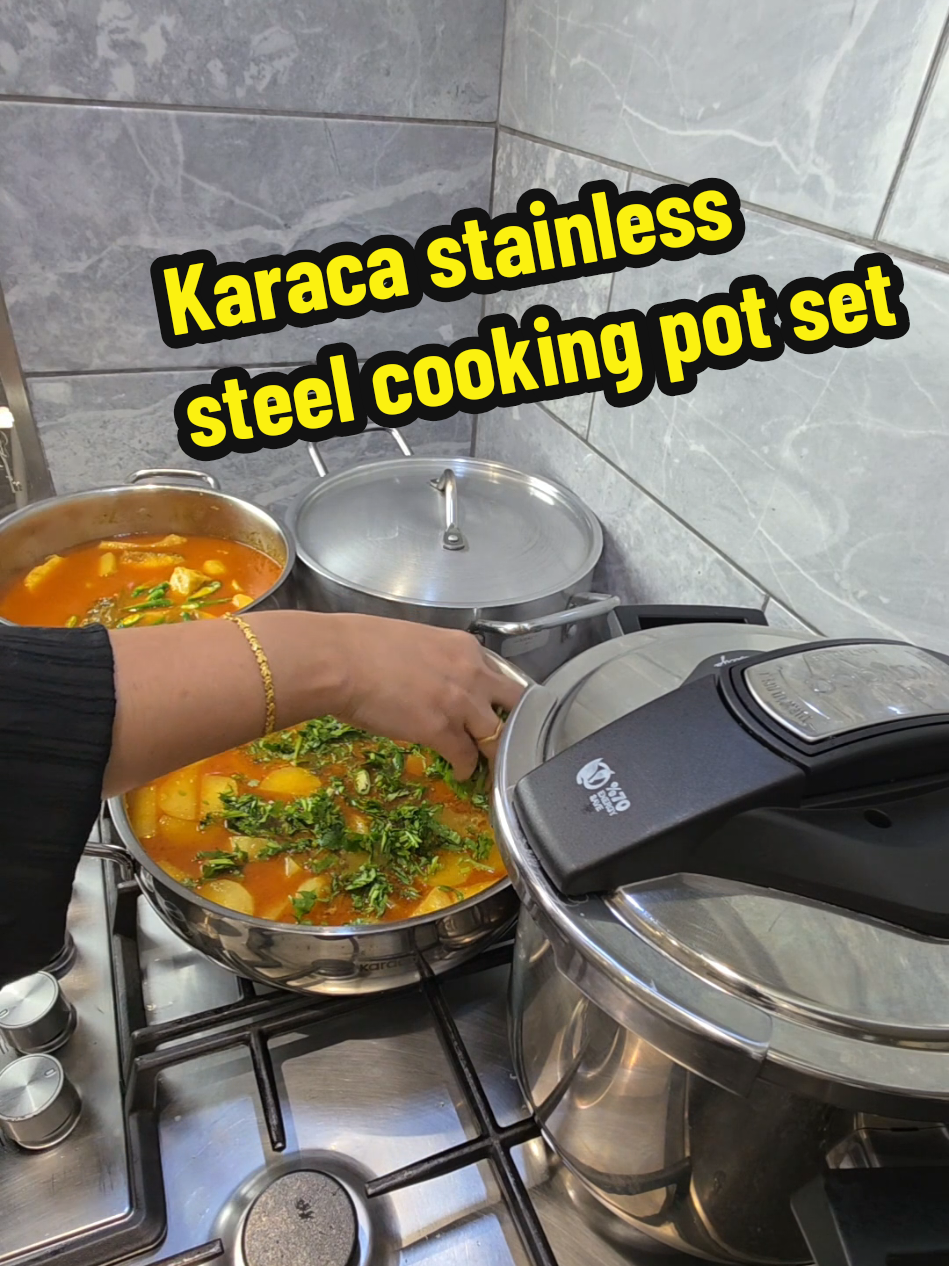 karaca stainless steel cooking pot set click on the yellow basket to check it out!  #karaca #karacastainlesssteel #cookingpot #pressurecooker #cookitchenware @karacaunitedkingdom 
