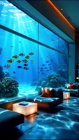 Relaxing vibes in your own private lounge next to a floor-to-ceiling built in aquarium #luxuryliving #aquariumvibes #cozyaesthetic #interiordesign #dreamscapes 
