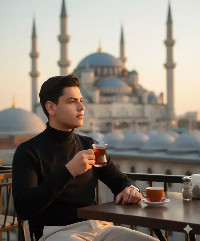 @❤️.-𝑺.𝑺-.𝐙𝐞𝐃𝐢𝐢😎 @❤️•_𝗛ᵃᵐᶻ𝗔_•𝗭𝗲𝗗𝗶𝗶😎 A stylish man sitting at a rooftop café, holding a glass of tea with one hand. He is wearing a black turtleneck sweater and cream-colored pants. In the background is a grand, historic mosque with large blue domes, giving a serene and cultural atmosphere. The lighting is warm and golden, reflecting a peaceful sunset.