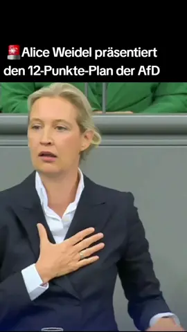 Generaldebatte des Bundestags; Alice Weidel im Bundestag: Alice Weidel hat gestern einen wie ich finde sehr sinnvollen 12 Punkte Plan für Deutschland im Bundestag vorgestellt:  1. Günstige und sichere Energie: Energiewende sofort beenden. Wiedereinstieg in die Kernkraft und Bezug von Erdgas und Erdöl aus preisgünstigen Quellen, auch aus Russland. 2. Ende der Subventionen für Wind- und Solarstrom: Abschaffung der CO₂-Bepreisung und des Emissionshandels. Das Heizungsgesetz sofort abschaffen. 3. Marktwirtschaft statt ökosozialistischer Planwirtschaft:  Abschaffung des Verbrennerverbots und Streichung aller Lieferkettengesetze. 4. Entfesselungsprogramm für Wirtschaft und Bürger:  Drastische Senkung der Steuer- und Abgabenlast sowie Abbau bürokratischer Regulierungen. 5. Solidarprinzip bei Sozialleistungen:  Volle Sozialleistungen nur für Mitglieder der Solidargemeinschaft, die ihren Beitrag leisten. Das Bürgergeld soll einer aktivierenden Grundsicherung weichen (z. B. Sachleistungen statt Bargeld). 6. Entlastung und Stärkung der gesetzlichen Rente:  Die Rente vollständig von versicherungsfremden Leistungen entlasten. Einführung kapitalgedeckter Elemente, Rentenstaatsfonds und Ausgleichsfonds. Begrenzung der Verbeamtung und Einbeziehung von Beamten und Politikern in die gesetzliche Rente. 7. Geschlossene Grenzen für die Migrationswende:  Lückenlose Grenzkontrollen, ausnahmslose Zurückweisung illegaler Einreisen und rigorose Abschiebungen. 8. Abschaltung der Migrationsmagneten:  Keine Bargeldleistungen mehr, sondern Sachleistungen. Einbürgerung frühestens nach 10 Jahren und nur bei voller Erwerbstätigkeit. 9. Zusammenstreichung der Staatsausgaben:  Keine Neuverschuldung mehr. Der Staat muss sich aus Wirtschaft und Privatleben heraushalten. 10. Ende der Klientelfinanzierung:  Verbot der Förderung von Nichtregierungsorganisationen (NGOs). Die Antifa als Terrororganisation verbieten. Abschaffung der Rundfunkgebühr (GEZ). 11. Dringende Strukturreform zum Abbau von Bürokratie:  Reduzierung des Förderdschungels und bürokratischer Hürden, damit Steuergelder bei Bürgern und Unternehmen bleiben. 12. Steuerreform:  Einführung einheitlicher, niedriger Steuersätze, Familiensplitting, hohe Freibeträge und Abschaffung des Solidaritätszuschlags. Weidel schloss mit den Worten: 