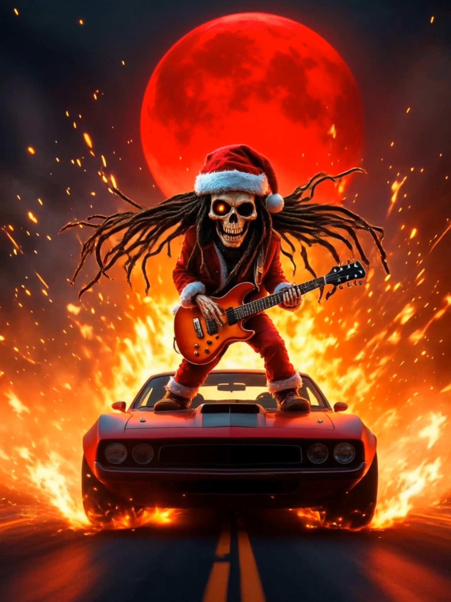 Live Wallpaper | When Santa Goes Full Metal 🤘🔥 #livewallpaper #skeletonsanta #heavymetalvibes #christmaswallpaper #musclecar #badass #guitar #aivideo #wallpapervideo