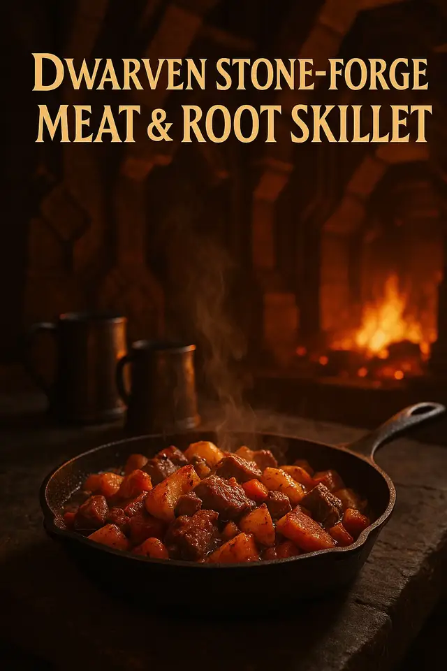 ✨ Ingredients (serves 4 dwarves or 6 hobbits) For the skillet: 	•	500 g beef chunks or lamb 	•	1 large onion, chopped into rough pieces 	•	2 carrots, thickly sliced 	•	1 parsnip, chopped 	•	2 potatoes, cubed 	•	1 tbsp butter 	•	1 tbsp oil 	•	2 cloves garlic, minced 	•	1 tsp smoked paprika 	•	1 tsp dried thyme 	•	Salt & black pepper For the “forge glaze”: 	•	3 tbsp broth 	•	2 tbsp dark malt syrup or honey + a drop of soy sauce 	•	1 tsp tomato paste 	•	A pinch of crushed black pepper For serving: 	•	Fresh parsley or mountain herbs 	•	Rustic bread ⸻ 👩‍🍳 Step-by-Step Instructions 1️⃣ Stoke the Mountain Fire 🔥 Heat butter + oil in a heavy cast-iron skillet. Sear the meat until deep brown, like stone-blackened forge metal. Remove and set aside. 2️⃣ Add the roots of Durin’s earth ⛰️ Add onion, garlic, potatoes, carrot, parsnip. Cook until edges are browned and fragrant. 3️⃣ Return the meat to the stone pan 🪓 Season with paprika, thyme, pepper. Stir well. 4️⃣ Pour the Forge Glaze 🌋 Mix broth, malt syrup (or honey mix), tomato paste. Pour into skillet; simmer 15–20 minutes until thick, glossy, rich. 5️⃣ Serve as a Dwarven feast 🍖 Top with herbs. Serve sizzling hot with rugged bread — a proper meal before reclaiming a kingdom. #lordoftherings #dwarven #hobbit #erebor #Recipe 