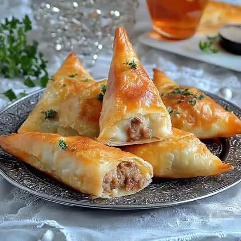 Samoussas croustillants à la viande et au fromage Temps de réalisation : 45 min (préparation : 25 min, cuisson : 20 min) Pour : 4 personnes (12 samoussas) Ingrédients : 6 feuilles de brick 250 g de viande hachée (bœuf ou agneau) 100 g de fromage râpé (mozzarella ou emmental) 1 oignon finement haché 1 gousse d’ail hachée 1 cuillère à soupe de persil ciselé 1 cuillère à café de cumin 1 cuillère à café de paprika 1 cuillère à soupe d’huile d’olive 1 jaune d’œuf (pour la dorure) Sel et poivre au goût Préparation : • Préparer la farce : Faites chauffer l’huile d’olive dans une poêle. Ajoutez l’oignon et l’ail hachés, faites-les revenir 2 minutes. Incorporez la viande hachée, le cumin, le paprika, le sel et le poivre. Faites cuire à feu moyen pendant 5 minutes en mélangeant bien. Hors du feu, ajoutez le fromage râpé et le persil, mélangez et laissez refroidir. • Pliage des samoussas : Coupez les feuilles de brick en deux pour obtenir 12 demi-cercles. Pliez chaque demi-feuille en deux dans le sens de la longueur pour former une bande. Déposez une cuillère de farce à l’extrémité, puis pliez en triangle jusqu’au bout. Scellez avec un peu de jaune d’œuf. • Cuisson Préchauffez le four à 180°C. Disposez les samoussas sur une plaque recouverte de papier cuisson. Badigeonnez-les de jaune d’œuf pour une belle dorure. Enfournez pour 15 à 20 minutes jusqu’à ce qu’ils soient bien dorés et croustillants. Conseils pratiques : Pour une cuisson encore plus croustillante, faites frire les samoussas dans de l’huile chaude pendant 3 minutes. Ils se conservent 2 jours au réfrigérateur dans une boîte hermétique et se réchauffent au four à 150°C. Servez-les avec une sauce au yaourt ou une sauce piquante pour encore plus de saveurs.