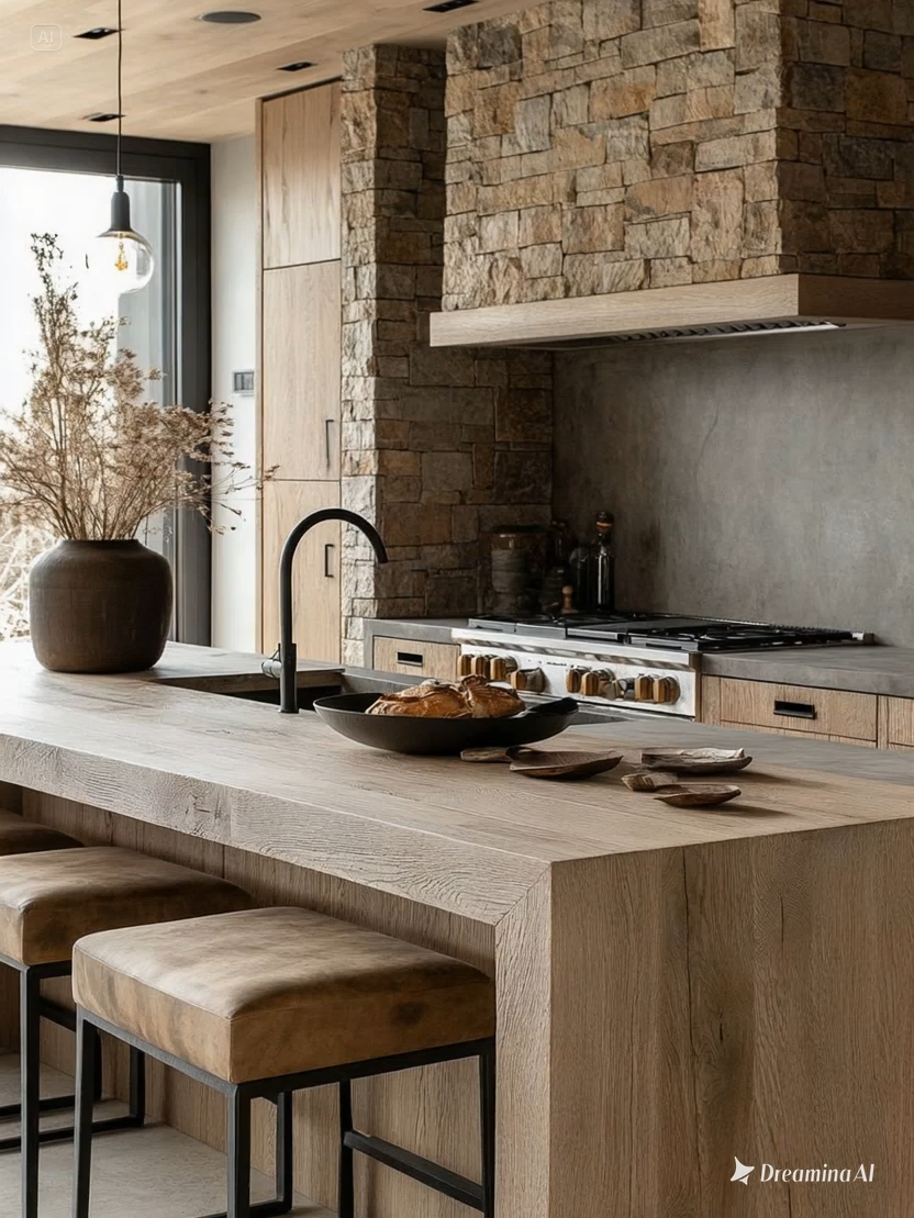 Modern organic kitchen aesthetic with stone, light wood, and soft neutral textures. Natural luxury meets clean design. #modernkitchen #organicmodern #stonekitchen #lightwoodinteriors #kitchenmakeover #designinspo #neutralhome #fyp #viraldesign #kitchentrends2025 #homestylingideas #aestheticspaces