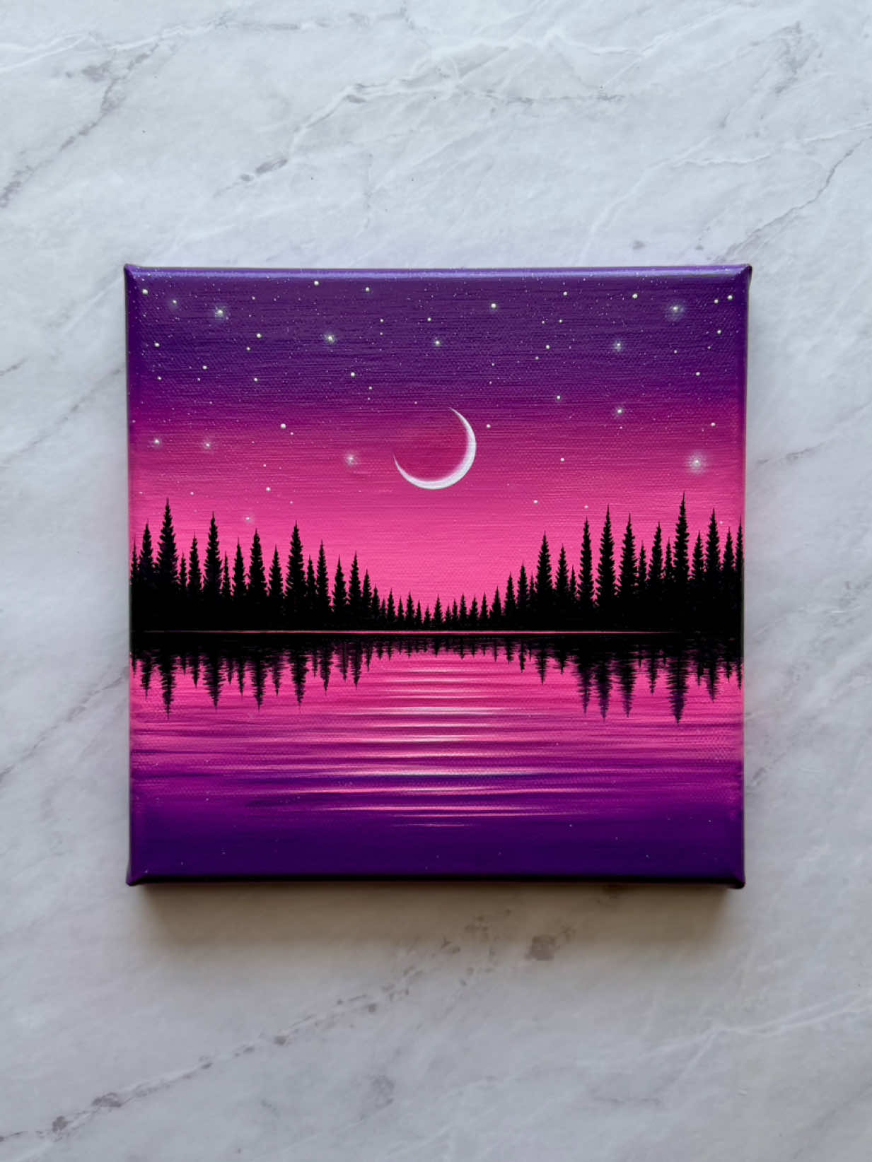neon pink twilight 💕🌙✨ painting dreamy nights like this will never get old 🥹✨ would you hang this in your room? 💕💜 🎨 violet pansy · light magenta · neon pink · black · white #arttok #paintingprocess #satisfyingart #dreamyart #pinkaesthetic 