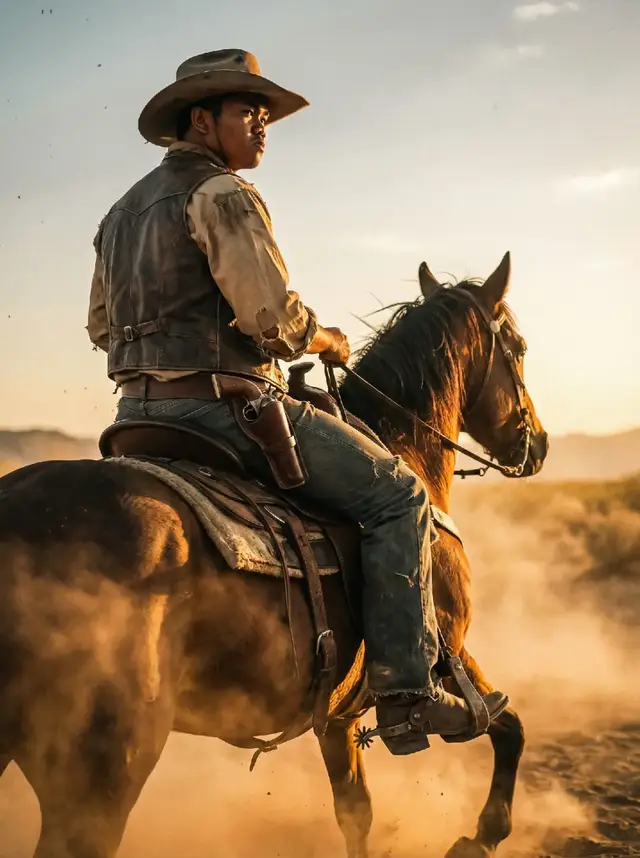 Echoes of the Wild Frontier. Thema cowboy by : @J҉a҉y҉  support all team Vartex Ai Studio 🔥  prompt : menggunakan wajah seperti di foto Cowboy menaiki kuda di padang luas berdebu saat sunset. Kamera mengambil angle rendah seperti adegan pembuka film Western klasik. Topi koboi coklat tua, rompi kulit vintage, kemeja krem lusuh, jeans gelap, boots dengan spur gerigi, dan holster pistol kulit di sabuk. Wajah tidak melihat kamera. Cahaya sunset dramatis dan debu mengepul di sekitar kuda. #4u #NanoBanana #GeminiAi #promptai #Fyp 