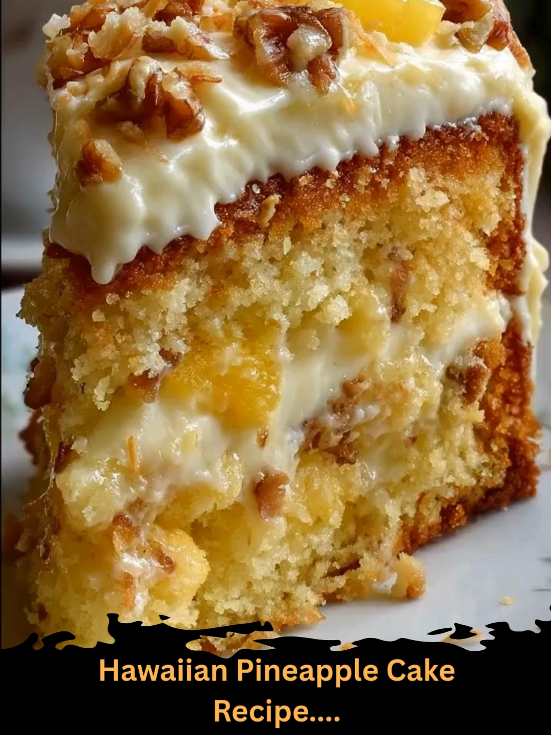 Hawaiian Pineapple Cake 🍍🌺 Ingredients 📝 2 cups all-purpose flour 1 1/2 cups granulated sugar 2 teaspoons baking soda 1/4 teaspoon salt 2 large eggs 1 teaspoon vanilla extract 1 can (20 oz) crushed pineapple with the juice 1/2 cup chopped walnuts or pecans (optional) For the Frosting 1/2 cup unsalted butter 1 package (8 oz) cream cheese, softened 2 cups powdered sugar 1 teaspoon vanilla extract 1/2 cup chopped nuts (optional) Directions 📌 Mix the Dry Ingredients: In a large bowl, whisk together the flour, sugar, baking soda, and salt. Tip: Make sure the baking soda is fully broken apart—clumps can cause uneven rising. Add Wet Ingredients: Add the eggs, vanilla extract, and the entire can of crushed pineapple with its juice. Stir until fully combined. The batter will be loose and very moist—this is what makes the cake incredibly soft. Add Nuts (Optional): Fold in chopped walnuts or pecans if using. Bake: Pour the batter into a greased 9×13-inch baking pan. Bake at 350°F (175°C) for 28–35 minutes, or until the top is golden and a toothpick inserted in the center comes out clean. Avoid overbaking—the cake should remain super moist. Make the Frosting: In a medium bowl, beat together the butter and cream cheese until smooth. Add the powdered sugar and vanilla, mixing until creamy. Frost the Cake: Let the cake cool completely, then spread the frosting evenly over the top. Sprinkle with additional chopped nuts if desired. Serve: Slice into squares and enjoy! This cake is even better chilled the next day. Time & Serving Info ⏰ Prep Time: 10 minutes Cook Time: 30 minutes Total Time: 40 minutes Servings: 12 Calories per Serving: 320 kcal (approx.) ENJOY 😍