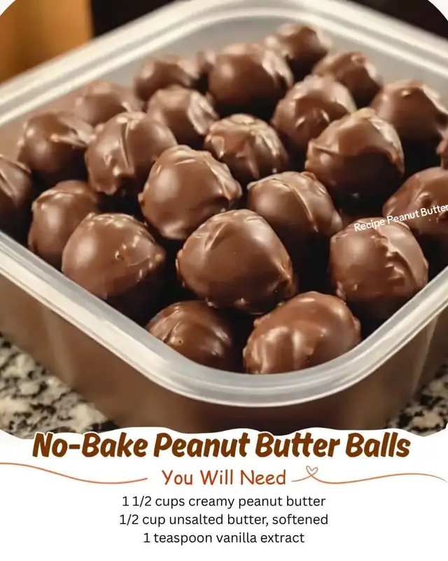 Recipe for No-Bake Peanut Butter Balls - Don’t Lose This Recipe Theses are my all time favorite.  Ingredients For the Peanut Butter Mixture 1 1/2 cups creamy peanut butter 1/2 cup unsalted butter, softened 1 teaspoon vanilla extract 3 cups powdered sugar For the Chocolate Coating 2 cups semi-sweet chocolate chips 2 teaspoons coconut oil or shortening (optional for smoother melting) Instructions In a large mixing bowl, beat together the peanut butter, softened butter, and vanilla extract until smooth. Gradually add the powdered sugar, mixing until a thick dough-like consistency forms. Roll tablespoon-sized portions of the peanut butter mixture into balls and place them on a parchment-lined baking sheet. Refrigerate the balls for at least 30 minutes or until firm. In a microwave-safe bowl, melt the chocolate chips and coconut oil in 30-second intervals, stirring after each interval until smooth. Using a fork or dipping tool, dip each peanut butter ball into the melted chocolate and let the excess drip off. Place the coated balls back onto the parchment-lined baking sheet. Refrigerate the coated peanut butter balls for 20–30 minutes until the chocolate is fully set. Store in an airtight container in the refrigerator for up to one week. Prep Time 20 minutes | Chilling Time 30 minutes | Total Time 50 minutes Servings 24 balls Tips For added texture, mix crushed pretzels or rice cereal into the peanut butter mixture. Drizzle white chocolate over the coated balls for a decorative finish. #chocolate #peanutbutter #Recipe #recipes #baking