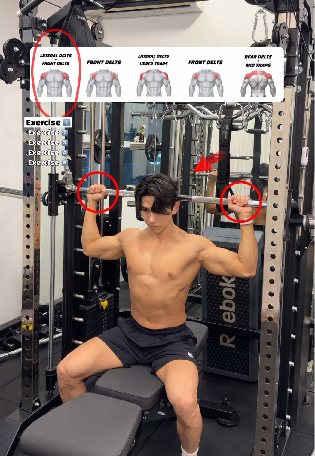 🔽데일리 어깨운동(Shoulder Workout) 5가지 루틴 🔥🔽 🔸Daily Shoulder Workout – 5 Moves for Full Delt Activation🔥 1. 비하인드넥 프레스(Behind-the-Neck Press) - 바를 머리 뒤에서 눌러 전·측면 삼각근(Front & Lateral Delts)을 강하게 자극합니다. 어깨 폭을 넓히고 상체 프레임을 키우는 데 효과적이며, 가동 가능한 범위 안에서 천천히 수행하면 부상 위험을 줄일 수 있습니다. 2. 언더그립 숄더프레스(Underhand Shoulder Press) - 손바닥이 위를 향한 언더그립으로 눌러 전면 삼각근(Front Delts)을 깊게 수축합니다. 삼두 개입도 높아 밀기 동작이 안정적이며 어깨 앞라인을 선명하게 만들기에 좋습니다. 3 케이블 업라이트 로우(Cable Upright Row) - 케이블을 아래에서 위로 끌어올려 승모근(Upper Traps) 과 측면 삼각근(Lateral Delts)을 강하게 자극합니다. 승모근 윗라인을 키워 어깨가 더 커 보이고 상체가 넓어 보이는 시각적 효과가 뛰어납니다. 4. 케이블 프론트 레이즈(Cable Front Raise) - 케이블을 앞으로 들어 올려 전면 삼각근(Front Delts) 을 선명하게 자극합니다. 장력이 일정하게 유지돼 프론트 델트의 모양을 잡고 앞라인을 강조하는 데 매우 효과적입니다. 5. 페이스 풀(Face Pull) - 로프를 얼굴 방향으로 당겨 후면 삼각근(Rear Delts)과 어깨 안정근을 강화합니다. 굽은 어깨 예방, 견갑 컨트롤 향상, 후면 라인 잡기까지 필수적인 밸런스 운동입니다. 📌 루틴 가이드 • 각 3–4세트 / 12–15회 • 휴식 45–60초 #shoulderworkout #delts #shoulderday #shoulderpress #fitnesstip 