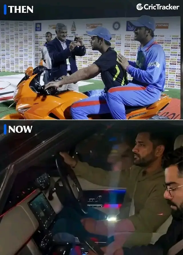 Mahirat — the duo that transformed Indian cricket. Watching them together feels like reliving an era. ❤️🚘🥹 #India #SKC #Sportskeeda #viratkohli #msdhoni 