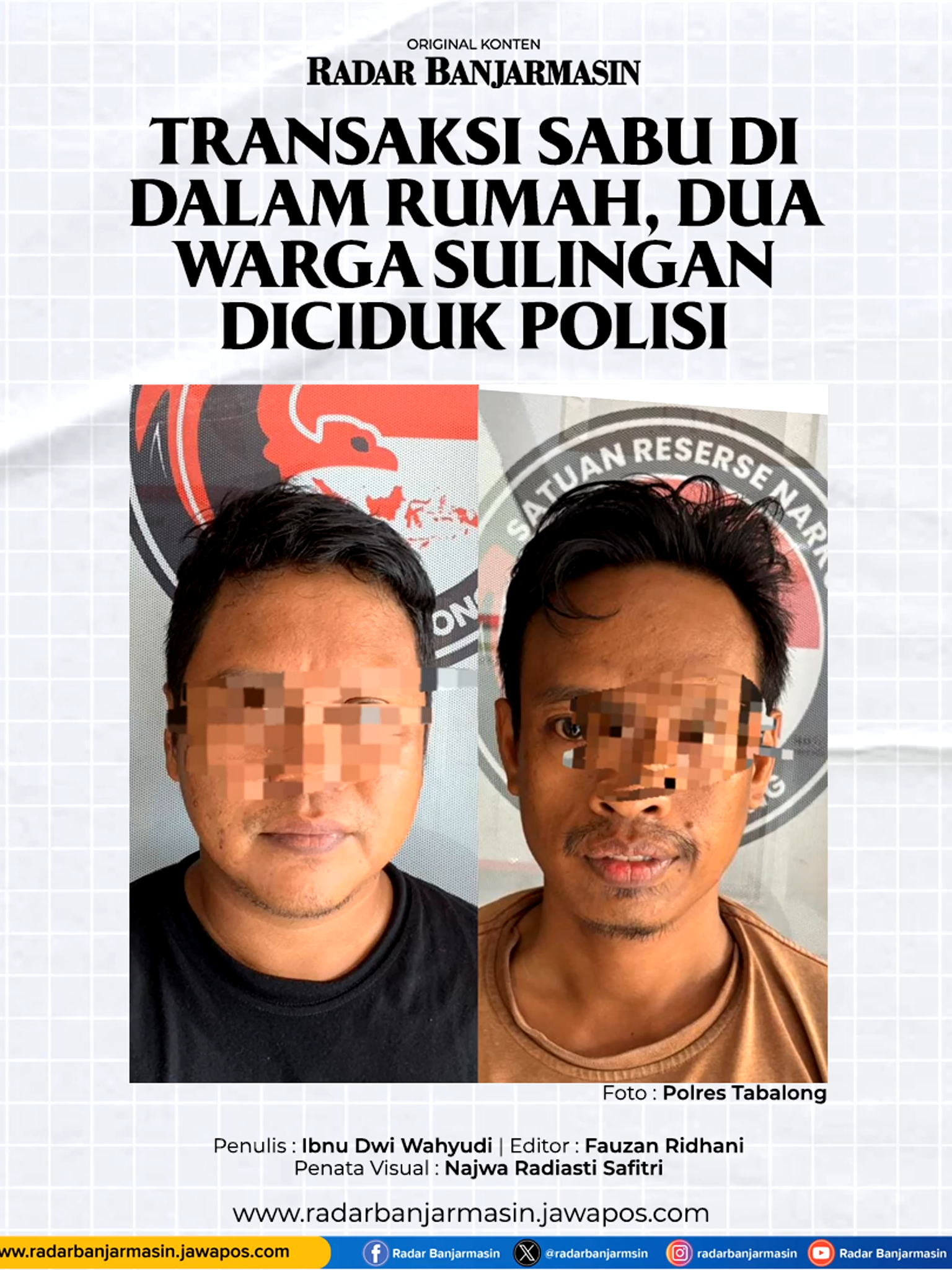 TRANSAKSI SABU DI DALAM RUMAH,DUA WARGA SULINGAN DICIDUK POLISI Sebanyak 44 paket sabu seberat 75 gram berhasil diamankan jajaran Satnarkoba Polres Tabalong dari seorang pria warga Kelurahan Sulingan, Kecamatan Murung Pudak, Kabupaten Tabalong, berinisial RS (39). Kapolres Tabalong, AKBP Wahyu Ismoyo, melalui Kasi Humas Polres Tabalong, IPTU Joko Sutrisno, mengatakan sabu milik pelaku didapatkan di rumahnya berkat laporan warga yang menghubungi Pusat Panggilan Polri di nomor 110. 