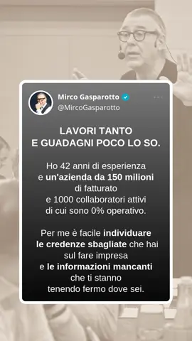 Lavori tanto e guadagni poco, lo so. Ho 42 anni di esperienza e un'azienda da 150 milioni di fatturato e 1000 collaboratori attivi di cui sono 0% operativo 🎯 Per me è facile individuare le credenze sbagliate che hai sul fare impresa e le informazioni mancanti che ti stanno tenendo fermo dove sei. Da 500k a 150 milioni non è successo per caso - è il risultato di aver distrutto sistematicamente tutte le convinzioni sbagliate: 