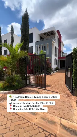 🏡 Stunning 4 Bedroom All En-Suite House in Membley – For Sale & To Let Experience luxury, comfort, and space in this beautifully finished home located in the prestigious Membley Estate. Set on a 50×100 plot, this property offers modern living with a serene and secure environment—perfect for families. ✨ Key Features: • 🛏️ 4 Spacious Bedrooms – all en-suite • 🛋️ Family Room – ideal for relaxation & entertainment • 🖥️ Office Space – perfect for working from home • 👨‍🍳 Pantry – extra storage for a neat, organized kitchen • 🌿 Beautiful Garden – great for outdoor gatherings • 🏠 DSQ – convenient extra living space • 📐 50×100 Plot – spacious compound 📍 Location: Membley 💰 To Let: KSh 180,000 💰 For Sale: KSh 33 Million A perfect blend of style, space, and comfort—your next dream home awaits in one of Ruiru’s most desired neighborhoods. #Membley #MembleyEstate #HouseForSaleKE #HouseToLetKE #LuxuryHomesKenya     180k,33 million 