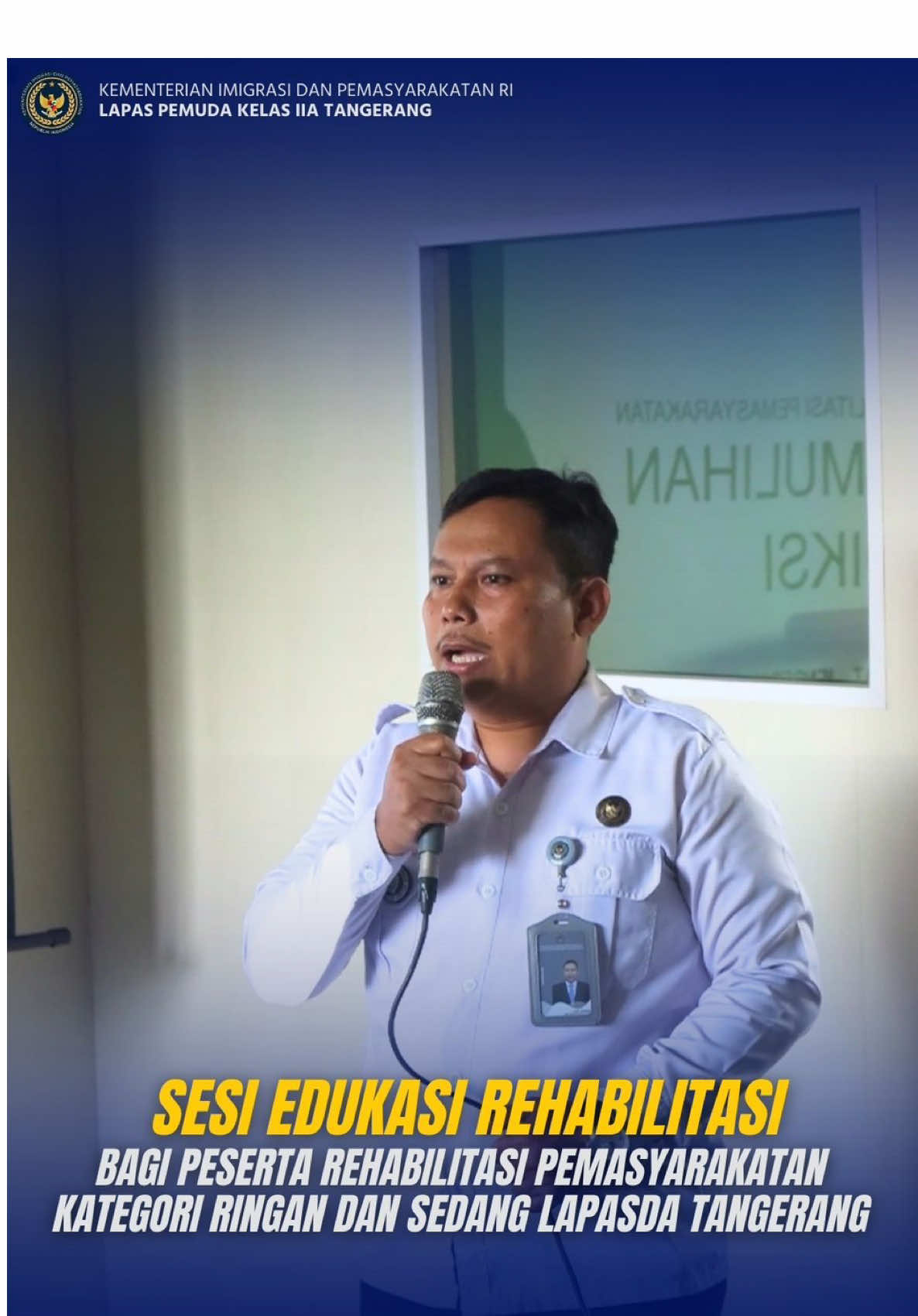 Lapas Pemuda Kelas IIA Tangerang melaksanakan Sesi Edukasi bagi peserta Program Rehabilitasi Pemasyarakatan kategori ringan dan sedang Tahun Anggaran 2025 sebagai bagian dari upaya mendukung program Pencegahan, Pemberantasan, Penyalahgunaan, dan Peredaran Gelap Narkotika (P4GN) di lingkungan pemasyarakatan. Kegiatan ini diikuti oleh 29 peserta rehabilitasi dan dilaksanakan melalui kerja sama dengan Yayasan Rehabilitasi Narkoba Nusantara (YASIBARA) yang menghadirkan konselor adiksi eksternal sebagai narasumber. Melalui sesi edukasi ini, peserta diberikan pemahaman mengenai adiksi, bahaya penyalahgunaan narkotika, serta strategi pemulihan berkelanjutan yang dapat diterapkan selama dan setelah masa program. Pelaksanaan kegiatan ini sejalan dengan slogan Pemasyarakatan, “Pemasyarakatan PASTI Bermanfaat untuk Masyarakat,” yang menekankan pentingnya pembinaan terarah dan program rehabilitasi yang memberikan dampak nyata bagi perubahan perilaku warga binaan. #kemenimipas #guardandguide #infoimipas #ditjenPAS #pemasyarakatan