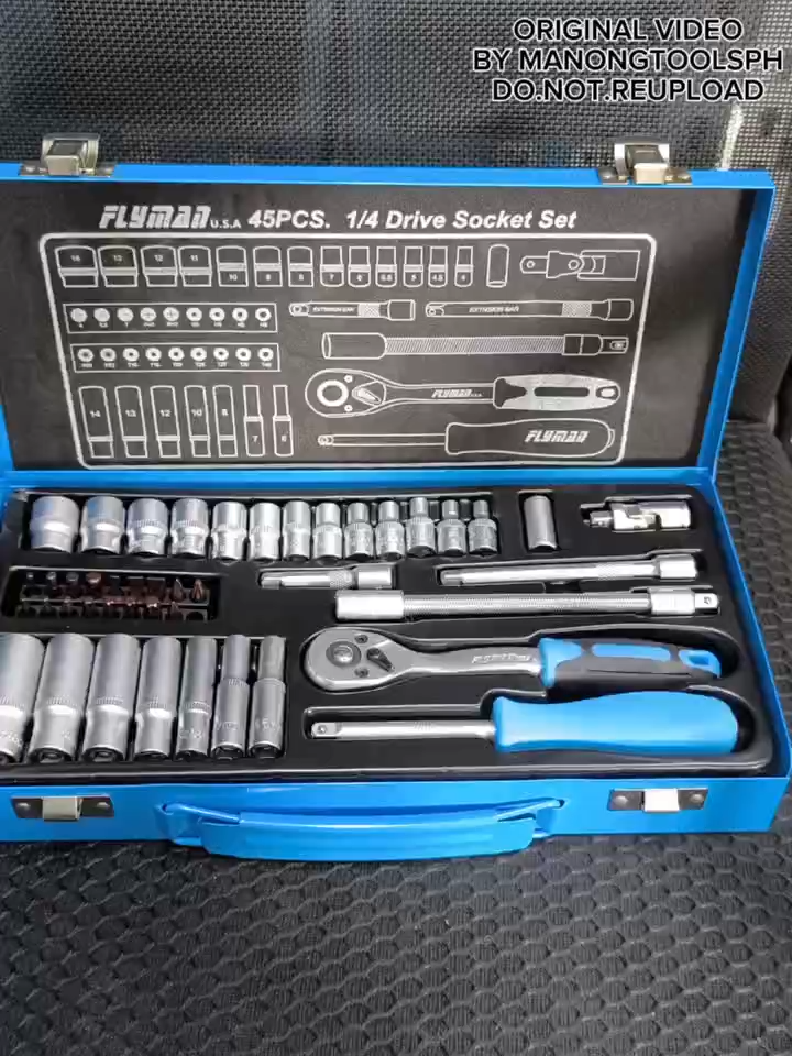 FLYMAN 45PCS SOCKET SET 🔧 Complete & Durable Mechanics Tool Kit ✅ High-strength steel sockets — matibay at anti-rust ✅ Ergonomic ratchet handle for smooth and easy operation ✅ Organized carrying case for quick access and portability ✅ Perfect for automotive repair, home maintenance, and DIY projects #manongtoolsph #toolsthatworkforyou #budgetfriendly #fypシ
