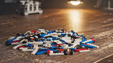 Prompt  A photorealistic stop-motion time-lapse video of a LEGO Technic BMW M4 GT3 being assembled on a wooden workshop table. The video starts with a scattered pile of LEGO bricks. Rapidly, the pieces fly together to form the chassis, then the engine block with moving pistons, and finally the aerodynamic bodywork snaps into place. The lighting shifts slightly to indicate passing time. The camera remains fixed in a high-angle macro shot, emphasizing the high-gloss plastic texture and the 'clinking' together of parts. 4k resolution, cinematic lighting.