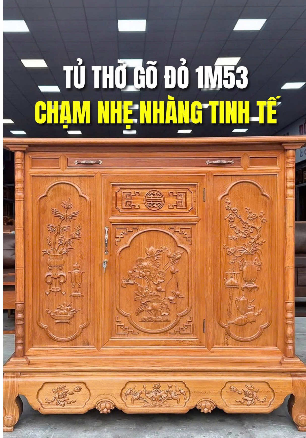 Tủ thờ gõ đỏ 1m53 chạm khắc nhẹ nhàng tinh tế #tuthogiatien #banthogiatien #tuthogodo 