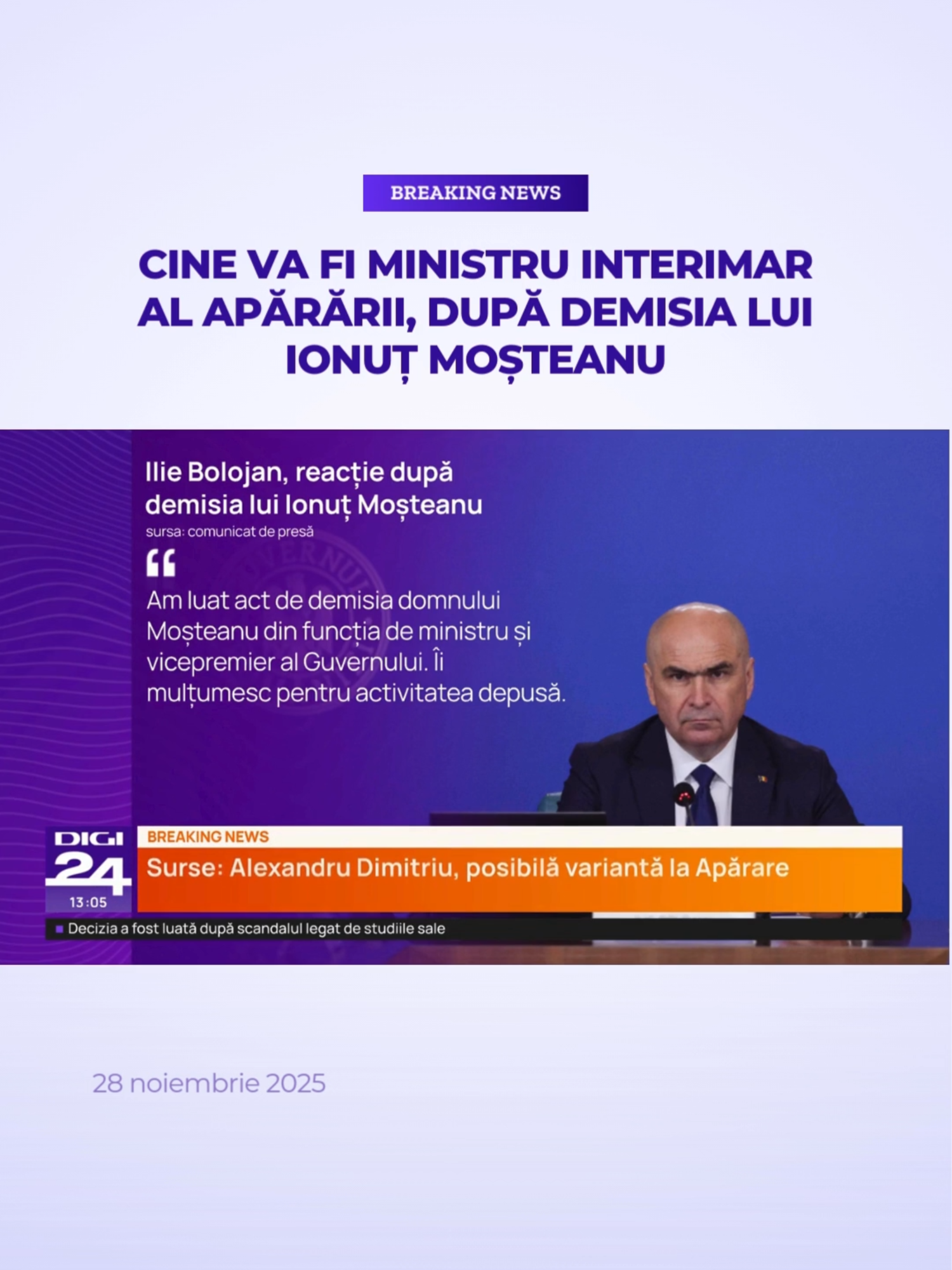 Premierul Ilie Bolojan îl va propune pe Radu Miruță, actual ministru al Economiei, să preia conducerea interimară a Ministerului Apărării Naționale, după ce Ionuț Moșteanu a demisionat. #digi24 #stiriledigi24 #ionutmosteanu #demisie #radumiruta