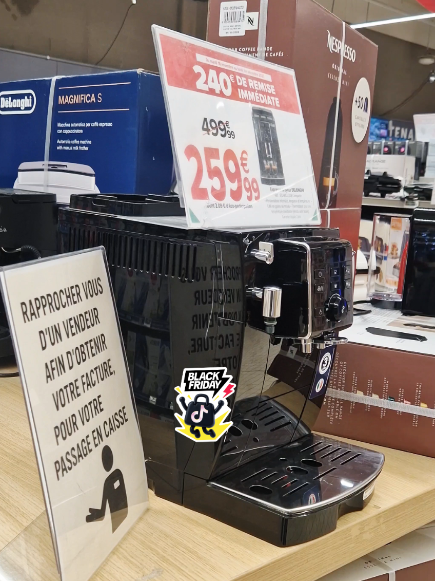 Cafetière cappuccino noire avec broyeur de grains De'Longhi ECAM13.123.B.Machine à expresso avec broyeur ECAM13.123B DELONGH de chez @Carrefour France  sur Tiktok Shop #TikTokShopFrance #tiktokblackfriday #blackfriday #cafe #delonghi 