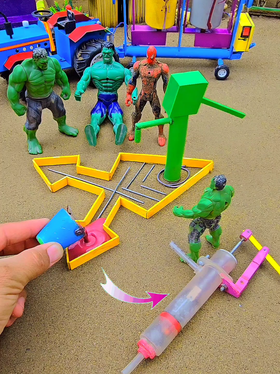 Diy mini tractor making concrete around mini water hand pump diy mini tractor farming  diy mini tractor made four colour concrete to hulk for bath using mini tractor mini cement mixer mini water pump mini hand pump #Foryou #foryoupage #tractor #waterpump #tiktok @Zach King 