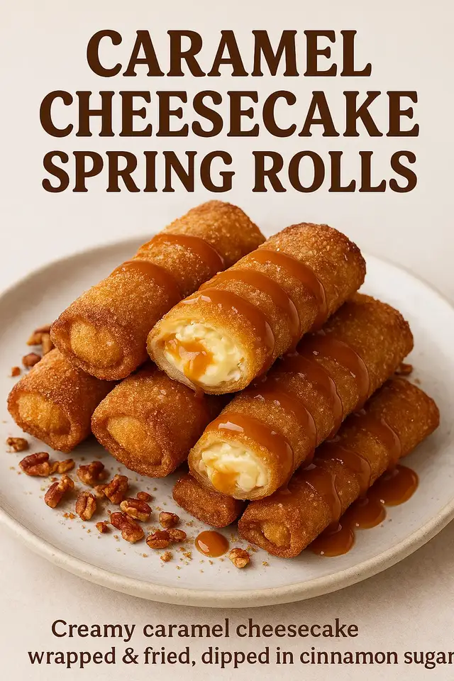 Caramel Cheesecake Spring Rolls 🤤✨ Crunchy outside, creamy caramel cheesecake inside. The easiest dessert that looks crazy gourmet. Creamy caramel cheesecake wrapped & fried, rolled in cinnamon sugar. 🧀 Ingredients Cheesecake Filling 200g cream cheese (softened) 3 tbsp sugar 3 tbsp caramel sauce 1 tsp vanilla 1 tbsp cornstarch (optional, for thicker filling) Assembly Spring roll wrappers Small bowl of water (for sealing) Oil for deep frying Cinnamon Sugar Coating ½ cup sugar 1 tsp cinnamon Pinch of salt Extra Caramel drizzle Optional: crushed pecans, sea salt flakes 🔥 Steps  1️⃣ Make the caramel cheesecake filling 1. Mix cream cheese + sugar + caramel + vanilla. 2. Add cornstarch if you want a thicker, more stable filling. 3. Chill 10 minutes for easier rolling. 2️⃣ Fill the rolls 1. Place wrapper on table. 2. Add 1–2 tbsp filling. 3. Fold sides inward, roll tightly, seal with water. 3️⃣ Fry 1. Heat oil to 170–180°C. 2. Fry until golden (about 1–2 minutes). 3. Remove and drain on paper towel. 4️⃣ Coat 1. Mix cinnamon + sugar. 2. Roll the hot spring rolls in it while still warm. 5️⃣ Serve Drizzle caramel Add pecans or a sprinkle of flaky salt Serve warm & gooey #CaramelCheesecake #SpringRolls #DessertRolls #FusionDessert #FoodTok #ViralRecipe #CrunchyDessert #EasyDessert #CaramelLovers