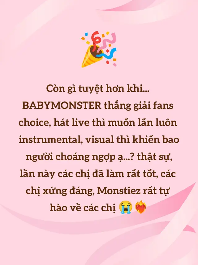 thật sự rất hạnh phúc khi các chị chiến thắng, vì thực sự là xứng đáng, bao nhiêu công sức cố gắng nỗ lực giờ đã có kết quả, chúc mừng Babymonster của chúng taa, và giờ ..hm.. chắc Rami cũng đang rất hạnh phúc nhiều khi em đã khóc luôn rồi..không phải ghẹo em đâu, chỉ là thấy nhóm đạt được sự thành công và em cũng là những người góp mặt giúp nhóm có được sự thành công này, yahh, Rami à , sớm quay lại với nhóm nhé, nếu cứ như nay tụi em sẽ càng ngày thấy trống trải hơn.  #BABYMONSTER #mamaawards #WEGOUP #xh #fyb 