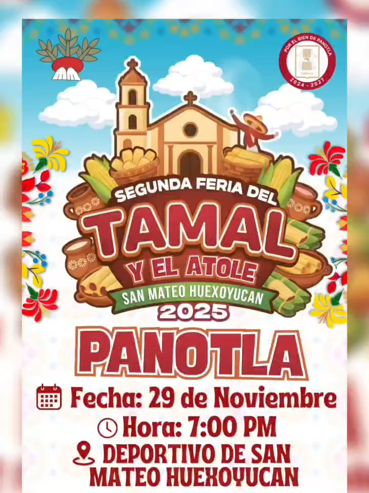 Todo listo para la segunda edición de la Feria del Tamal y el Atole 2025 en Panotla El H. Ayuntamiento de Panotla 2024–2027, que encabeza el presidente municipal Idelfonso Carro Roldán, la Presidencia de Comunidad y el comité de tamaleros invita a todas las familias del municipio y de la región a disfrutar de la Feria del Tamal y el Atole 2025, que se llevará a cabo este sábado 29 de noviembre en la comunidad de San Mateo Huexoyucan. A partir de las 7:00 p.m., las y los asistentes podrán degustar más de 15 mil tamales, elaborados por tamaleros originarios de la comunidad, así como una gran variedad de atoles tradicionales que representan la riqueza gastronómica local. Este evento, además de preservar nuestras tradiciones, impulsa la convivencia familiar y refuerza el sentido de identidad entre la ciudadanía. Al finalizar la degustación, todas y todos podrán disfrutar de un baile popular, de acceso gratuito, para cerrar la noche con música y celebración. El Ayuntamiento de Panotla invita a la población a ser parte de esta gran fiesta que enaltece nuestra cultura y nuestras raíces.