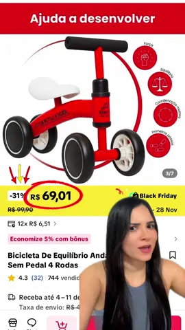 Bicicleta De Equilíbrio Andador Infantil Sem Pedal 4 Rodas