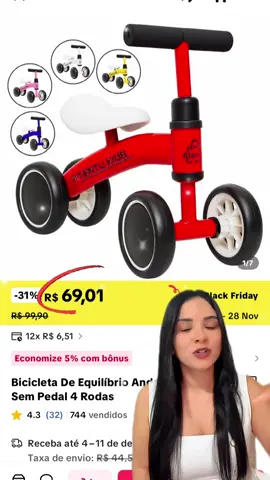 Bicicleta De Equilíbrio Andador Infantil Sem Pedal 4 Rodas