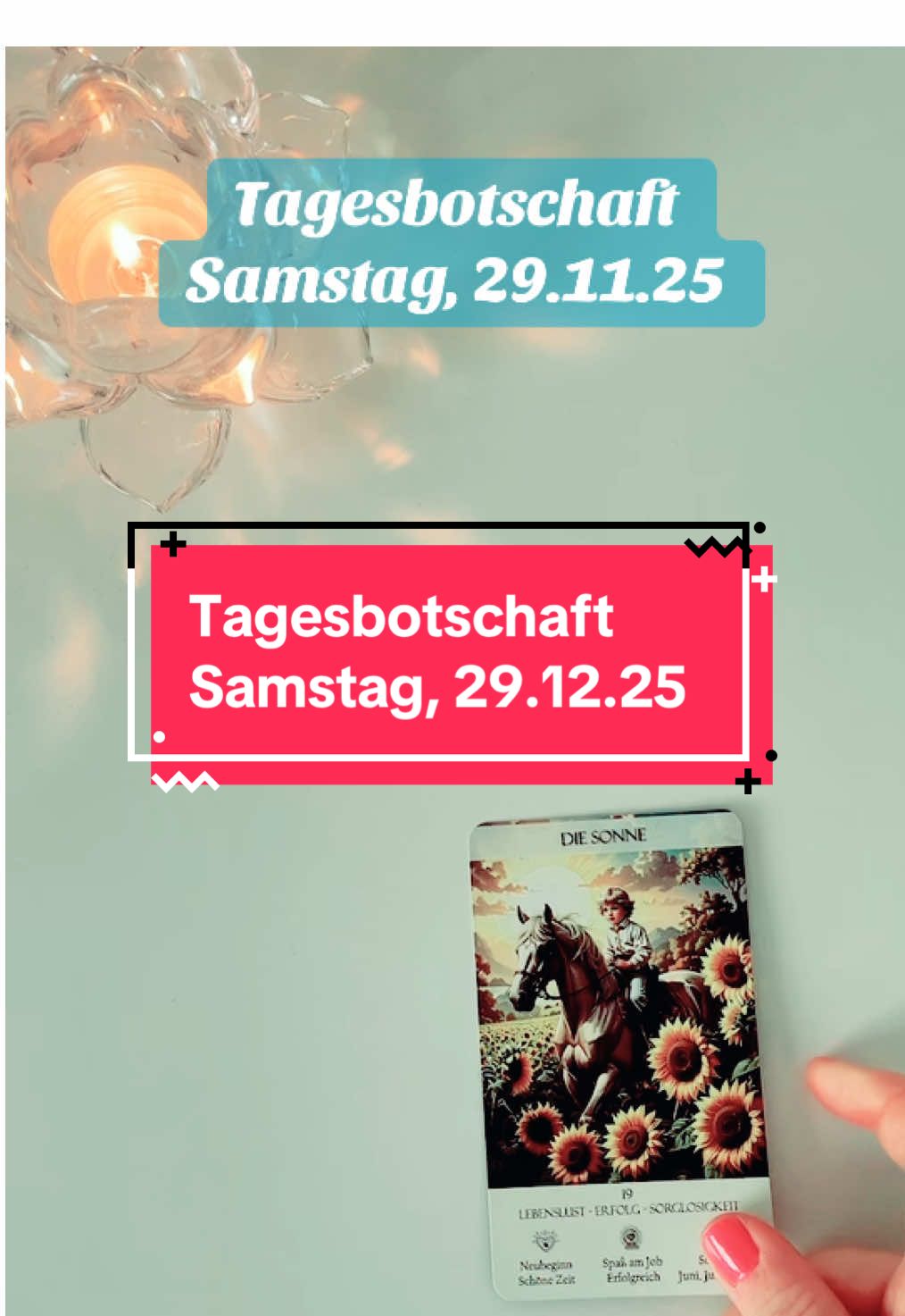⭐ Tagesbotschaft – Die Sonne⭐️ Die Sonne bringt dir heute pure Lebensfreude, Erfolg, Leichtigkeit und eine wunderschöne, sorglose Energie. Du gehst in einen Neubeginn, fühlst dich vital und getragen, und alles, was du heute anpackst, gelingt dir mit Leichtigkeit. Wenn du am Wochenende arbeitest, zeigt die Sonne: Du hast Spaß dabei und bist sehr erfolgreich. ⸻ ❤️ Klärungskarten: Herr – Dame – Lilie Dein Gegenüber und du – ganz klar, beide fallen zusammen – habt heute eine besonders harmonische, friedliche Zeit miteinander. Die Lilie zeigt innere Ruhe, Zufriedenheit, Ausgeglichenheit und auch eine starke, tiefe körperliche Anziehung. Diese Kombination deutet auf: 	•	schöne Gespräche 	•	ein liebevolles Miteinander 	•	Frieden nach Unruhe 	•	und möglicherweise intime, sinnliche Stunden Eine extrem warme, verbundene Liebesenergie. ⸻ ✨ Tageskern Heute öffnet sich eine herrliche, lichte Phase für dich. Du strahlst, du genießt, du liebst und wirst geliebt. Ein Tag voller Erfolg, Harmonie und Herzenswärme – sowohl im Alltag als auch in der Verbindung zu deinem Gegenüber. #kartenlegung #tagesbotschaft #fyp  #tarotreading #tarot 