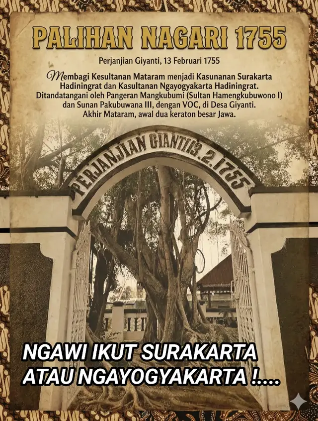 Setelah Palihan Nagari 1755, terjadi pembagian sbb :  . Mancanagara Brang Wetan Surakarta (Kuning) : Ponorogo, Lorog, Panggul, Kampak, Sumbreng, Jagaraga dan Caruban,  . Mancanagara Brang Wetan Yogyakata (Biru) : Ngawi, Padangan, Krangan Wonokerto, Muneng, Keniten, Magetan/Madiun, Purwodadi, Gorang-gareng, Maospati, Wonorejo, Banget,   Wilayah ini mempunyai hubungan yang rapat dengan kasultanan. Seperti bupati Madiun menjadi menantu Sultan. Dan beban pembangunan Baluwarti serta Tamansari dibiayai dari brang wetan Madiun.  Pacitan dikuasai bersama (dikemudian hari digabung dengan Lorog & Panggul membentuk Kabupaten Pacitan sekarang) . Setelah penyerahan wilayah ini kepada gupernemen 1830, maka dibentuk residentie Madioen. Berdasar peta 1857, terdapat sedikit perbedaan pembagian wilayah, dimana wilayahnya : Madioen (termasuk Caruban & Maospati), Magetan, Ponorogo, Ngawi (termasuk Jogorogo), Somorotto & Purwodadi (bukan Grobogan) termasuk Keniten. . Yang menarik adalah Pacitan sejak Giyanti dikuasai bersama, dan hingga 1857 tidak termasuk reaidentie Madioen. Kemungkinan baru sesudahnya, karena letaknya diapit residentie Madioen dan Soerakarta (Mangkunegaran) maka kemudian dimasukkan ke residentie Madioen. . KITLV Copyright #ngawi24jam #ngawi #ngawipride🏴‍☠️ #fypシ゚viral #ngawistory🌻 