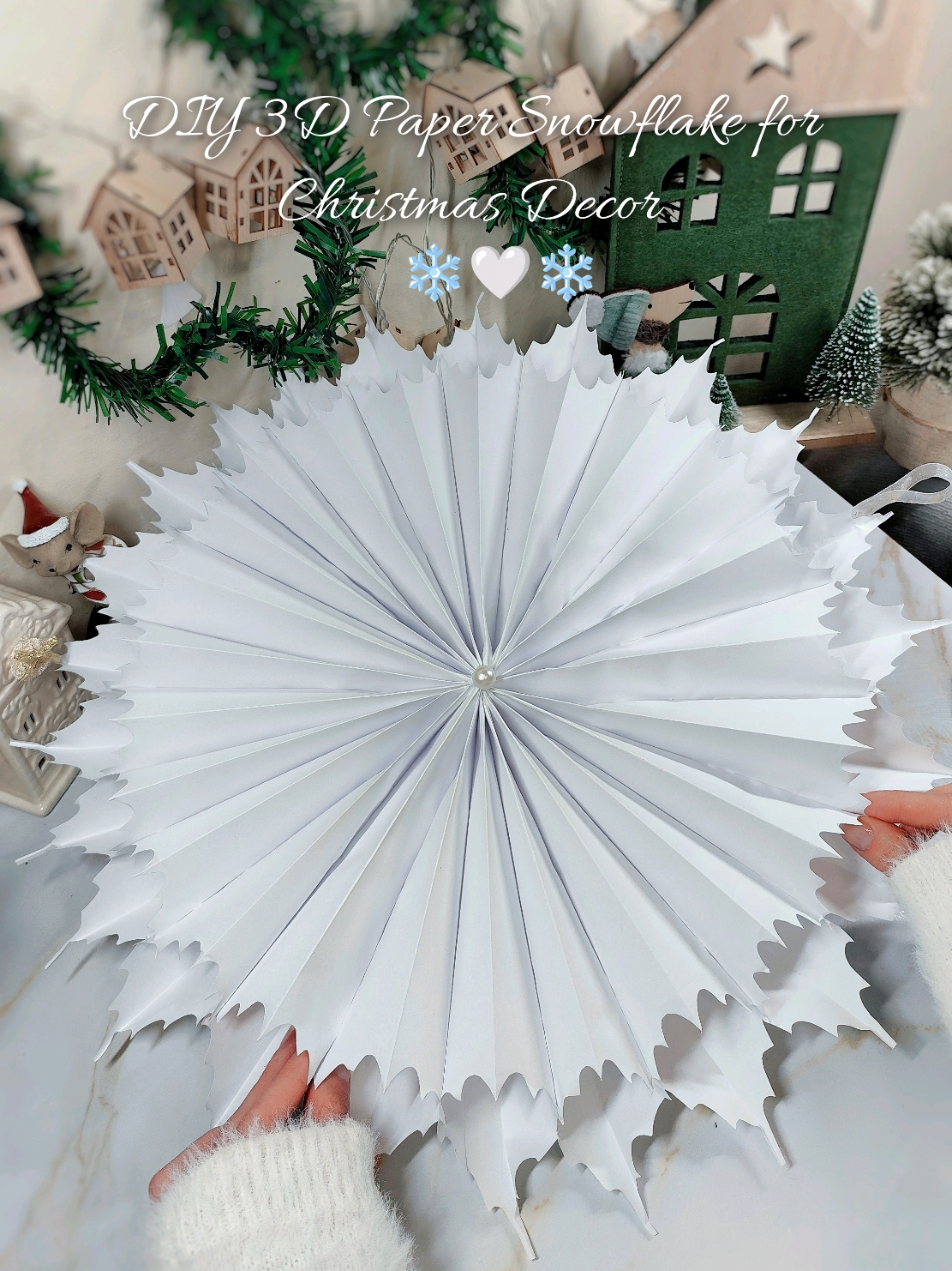DIY 3D Paper Snowflake for Christmas Decor ❄️ 🤍  Create a beautiful 3D paper snowflake for your festive decor. A simple, cosy and aesthetic DIY perfect for winter and Christmas decorating. ❄️🤍 #christmasdecor #christmas #snowflakes #christmasDIY #christmascraft 