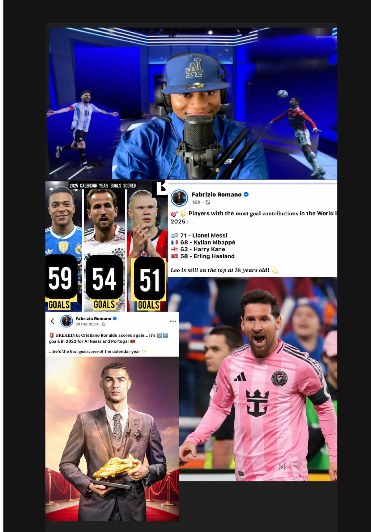 E reach Messi turn them begin count goals contribution G/A 😂😂😅 Fabrizio Romano needed to add Messi assists and his goals so Messi could be ahead of Mbappe, Kane and Haaland in most goal scored in 2025, but in 2023 when Ronaldo was the highest goal scorer it was just goals that was counted #football #huncho_baby #ronaldo #messi #fyp 