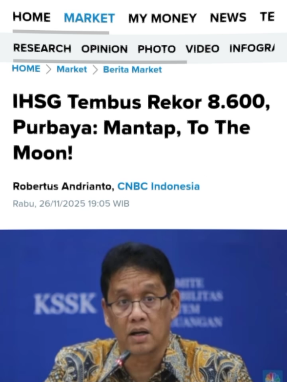Purbaya meyakini, melesatnya IHSG pada hari ini tak terlepas dari sentimen positif investor terhadap perekonomian Indonesia. Menurutnya, para investor di pasar saham juga terlihat makin percaya diri merespons kebijakan-kebijakan yang dikeluarkan pemerintah untuk mendorong pertumbuhan ekonomi lebih cepat. 