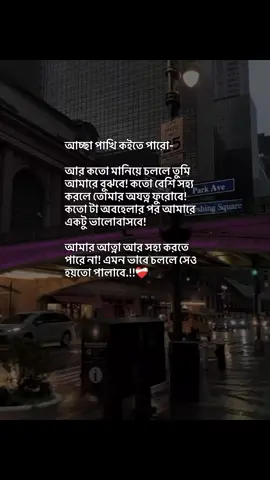 আচ্ছা পাখি কইতে পারো- আর কতো মানিয়ে চললে তুমি আমারে বুঝবে! কতো বেশি সহ্য করলে তোমার অযত্ন ফুরোবে! কতো টা অবহেলার পর আমারে একটু ভালোবাসবে! আমার আত্না আর সহ্য করতে পারে না! এমন ভাবে চললে সেও হয়তো পালাবে.!!❤️‍🩹 #fyp #its_me_somrat04 #growmyaccount #unfeezmyaccount #foryoupageplz 