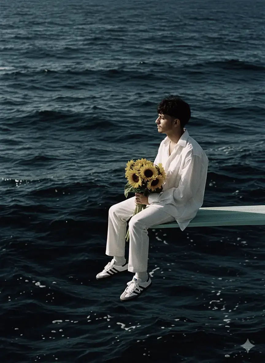 PROMPT :  Make a vibrant photograph, a young man with short dark hair sits on the edge of a boat, gazing thoughtfully at the vast, deep blue ocean. He is dressed in an all-white outfit, including a button-up shirt and matching pants, paired with black Adidas sneakers. He holds a bouquet of bright yellow sunflowers in his lap. The sky is clear, and the sunlight reflects off the water's surface, creating a serene and contemplative atmosphere. #gemini #foryou #tiktok 
