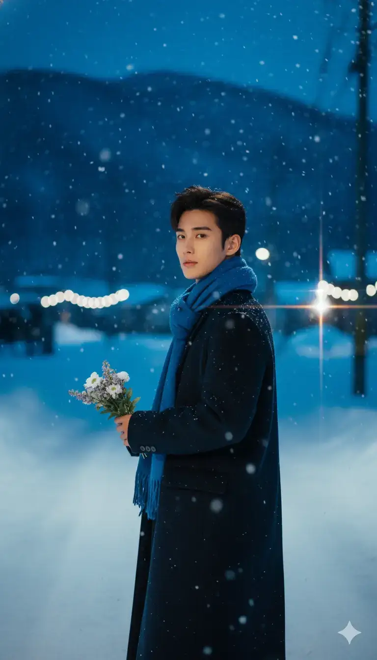 1. Open Gemini 📲 2. Upload photo:📸 3. Paste reminder:👇 Use the uploaded photo’s person exactly as the main subject — do not alter the face, hair, race, or proportions. A vertical 4K cinematic winter portrait set on a quiet snowy night in Sapporo, surrounded by deep cobalt-blue hills and dark blue-black mountains. Soft amber lamplight and fences glow through the falling snow, creating a warm contrast against the cold atmosphere. Captured as if on 35mm film with direct flash — visible fine film grain, real lens flare, and crisp cold realism. The subject stands naturally on a snow-covered road, slightly turned with a gentle over-the-shoulder angle showing part of their face and back. Expression: calm and soft, as if feeling the cold while remembering something dear. Outfit: long structured winter coat (dark gray, brown, navy, or plaid) with a bright scarf (red, burgundy, or vivid cobalt) loosely wrapped around the neck — ensure the neck area remains warm and natural without any blue tint. Holding a small bouquet of winter flowers (white, lilac, or neutral tones). The flash highlights the scarf, coat texture, hair strands, and snowflakes caught mid-air; background fades into a soft blue haze with fence lights adding cinematic depth. Technical details: 35mm film camera look, ISO 400, f/2.8, 1/180s, flash ON. Color tone: cold blue shadows, neutral whites, and warm natural skin tones. Output: authentic analog-style winter portrait — cinematic, emotional, realistic, with warm skin tones and no blue hue around the neck.#aisieu #aiart #photo #gemini #fyp 