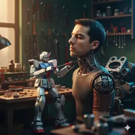 Manutenção de rotina 😅 1 Abra Gemini AI 2. Adicione sua imagem  3. Copie o prompt  PROMPT 🔰 Highly detailed, hyper-realistic, super cinematic, 9:16 — A realistic miniature Gundam repairing a young man (face and hair 100% reference) in a small, nostalgic workshop; the Gundam is on a small-scale workbench holding a red micro-screwdriver and tweezers to adjust connectors on the man's neck and head, who is semi-seated, revealing exposed leather panels and fine wiring; the Gundam's metallic surface reflects a soft light, the details of the micro-screws, panels, small wheels and mechanical fittings are very sharp; background: wooden shelves, simple tools, dark green walls, a large engine block, scattered metal fragments and screws; lower right foreground with blurred metal parts to give depth; the middle ground is slightly lower, with the Gundam in the foreground on the left and the man in the center on the right; portrait with Leica 50-85mm, very shallow depth of field, super sharp subject, soft bokeh; Lighting: A warm, golden ambiance in the upper left corner, soft, diffused backlighting behind, soft fill light in the lower right corner, blue contour light; Beautiful cinematic gradients in warm and cool tones, incredibly fine film grain, subtle parallax, shimmering reflections on the metal — intimate and delicate workshop moments, richly detailed. #gundam #foryoupage #gemini #tiktok #mecanica 