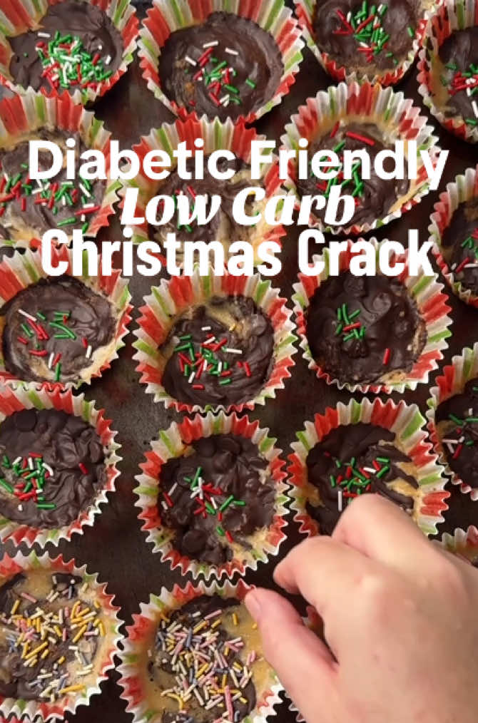 Holiday Pecan Toffee Bites (Low Carb) are a simple four-ingredient take on Christmas crack made with toasted pecan halves, butter, brown sweetener, and sugar free chocolate chips.  Save this and be sure to follow for more fun and festive diabetic and low carb treats.  Full recipe at https://ihackeddiabetes.com/pecan-toffee-bites/  Ingredients: 1 cup pecan halves 1 cup salted butter 1 cup brown sweetener (sugar substitute) 1.5 cup sugar free chocolate chips 1 tbsp sugar free sprinkles(optional) Instructions: Step 1 Preheat the oven to 350°F. Line 24 muffin liners on a sheet pan or in a muffin tin. Add 2 to 3 pecan halves to each liner. Step 2 Add the butter to a saucepan over medium heat. Once melted, add the brown sweetener. Whisk and cook until the sweetener is dissolved and the mixture is bubbling. Step 3 Spoon about 1 tablespoon of the toffee mixture into each muffin liner over the pecans. Transfer to the oven and bake at 350°F for 8 to 10 minutes, until the toffee is bubbling. Step 4 Remove from the oven and quickly add about 1 tablespoon sugar free chocolate chips to each bite. Let sit for 1 to 2 minutes, then use the back of a spoon to smooth the melted chocolate. If using sprinkles, scatter a little over each bite. Transfer the bites to the freezer to cool and set, about 30 minutes. #christmasbaking #christmascrack #holidaybaking #lowcarb 