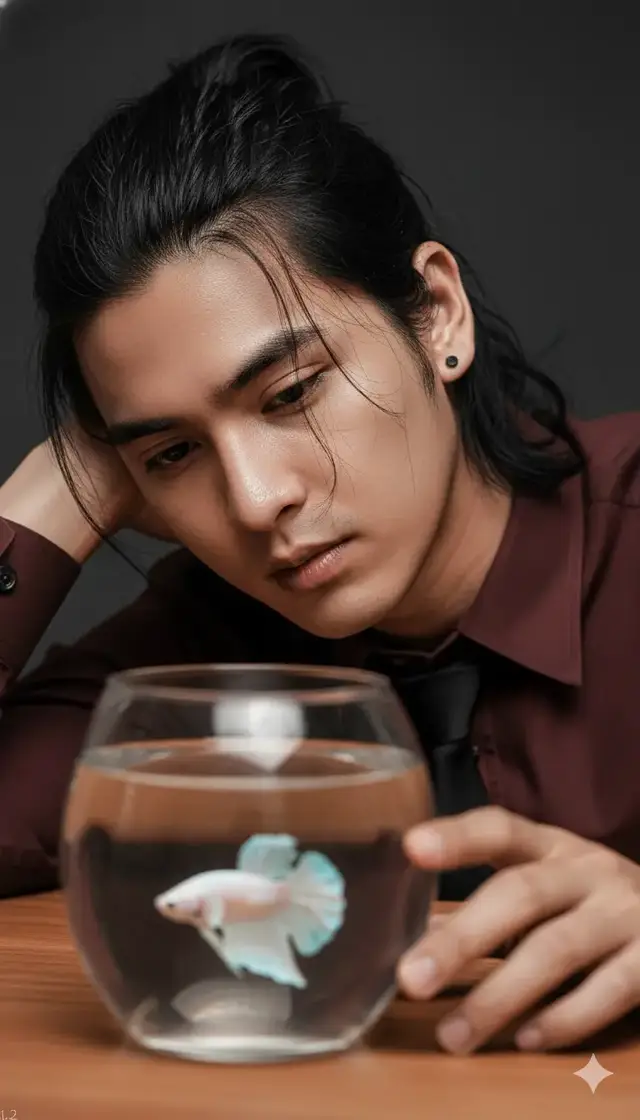 Pertahankan 100% wajah seperti foto yang di upload. (Potret: 1.2), 1080x1920, potret sinematik ultra-realistis seorang pria, berbaring dengan kepala di lengan di atas meja kayu, menatap lembut ke mangkuk ikan cupang haifmoon putih. Dia mengenakan kemeja Maron berdasi hitam. Rambut gondrong belah tengah dan sebagian atas di kuncir. Anting hitam Komposisi: Close-up ekstrim pada wajah, fokus selektif pada mata. Latar depan menampilkan mangkuk ikan kaca kabur dengan ikan cupang (bokeh) dan tangannya yang kabur menjangkau. Latar belakang gelap dan redup. Detail Wajah: (Kulit putih sempurna dengan nada merah muda: 1.3), fitur wajah tajam, tekstur kulit ultra-realistis, pori-pori alami yang terlihat, kulit bercahaya halus, pencahayaan keemasan hangat mengenai wajah, highlight pada ujung hidung, jembatan, bibir merah muda pucat alami, kulit terhidrasi bercahaya. Teknis: Dibidik pada DSLR, lensa 85mm, f / 1.2, ISO 800, pencahayaan tungsten hangat, suasana murung, ke dalaman bidang yang dangkal, bokeh latar depan, 4k, mahakarya, getaran emosional. #gemini #ai #fyp #trending #viralditiktok 