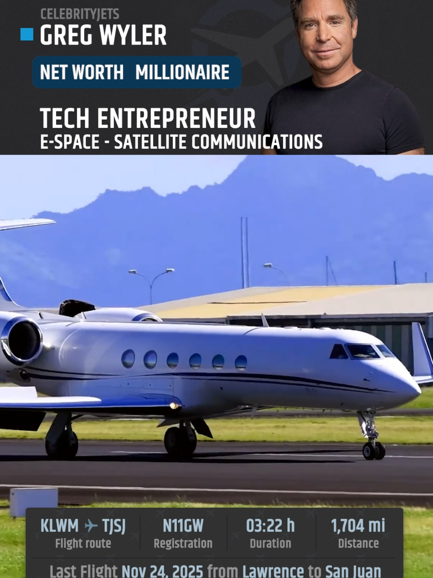 Gregory Wyler is an American tech #entrepreneur, engineer, and inventor. He is Founder and CEO at E-Space. His Private Jet is a Gulfstream G-V N11GW which was built in 1996. #plane