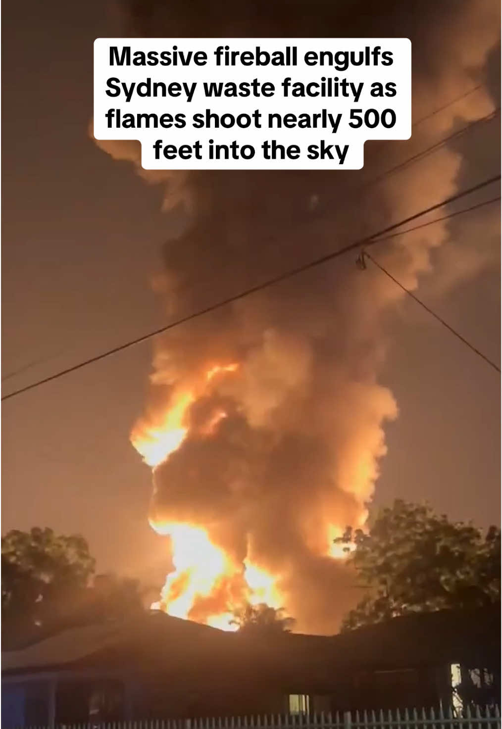 A massive fireball erupted at a waste facility in Sydney, Australia, on Saturday, shooting flames nearly 500 feet in the air. According to Fire and Rescue New South Wales, the inferno caused a large chemical tank to be blown into the air and fist-sized chunks of concrete blocks to rain down on firefighters. Two of those responders suffered minor injuries. FRNSW said it was “one of the biggest fires seen in western Sydney for many years.” The cause remains under investigation as locals have been urged to stay away from the scene and close their windows, doors and vents. #explosion #fire #sydney #newsouthwales #australia 