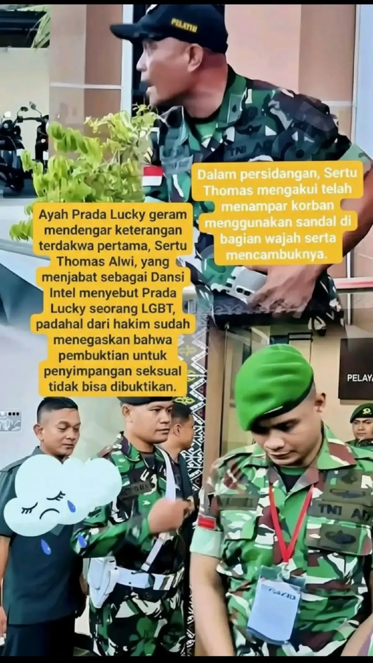 S1d4ng Lanjutan K4sus K3m4tian Prada Lucky Rabu, 26 November 2025 T3rd4kwa pertama, Sertu Thomas Alwi, yang menjabat sebagai Dansi Intel Batalyon, mengungkap adanya laporan pel4ngg4ran penyimpangan s3ksu4l yang diduga dilakukan k0rb4n. Dengan alasan menindaklanjuti laporan tersebut, Sertu Thomas mengaku melakukan pemeriksaan internal terhadap Prada Lukinamo pada 28 Juli. Dalam p3rsid4ngan, Sertu Thomas mengakui telah menampar k0rb4n menggunakan sandal di bagian w4jah serta m3nc4mbuknya. Hal serupa juga dilakukan t3rd4kwa lainnya. Mereka mengaku menc4mbuk Prada Lucky Namo sebanyak tiga hingga empat kali. Salah satu t3rd4kwa menyebut dirinya bahkan m3nc4mbuk k0rb4n menggunakan k4bel 11 strik. Pengakuan para t3rd4kwa tersebut memicu kemarahan keluarga k0rb4n maupun rekan k0rb4n yang hadir di ruang s1d4ng. Mereka menilai tindakan k3keras4n yang dilakukan tidak dapat dibenarkan dalam bentuk apa pun, terlebih hingga menyebabkan k3mati4n #persidangan  #pradaluckynamo  #justiceforpradalucky  #tni  #kasusviral 