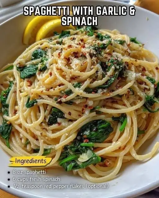 Ingredients: • 8 oz spaghetti • 2 tablespoons olive oil • 4 garlic cloves, thinly sliced • 6 cups fresh spinach