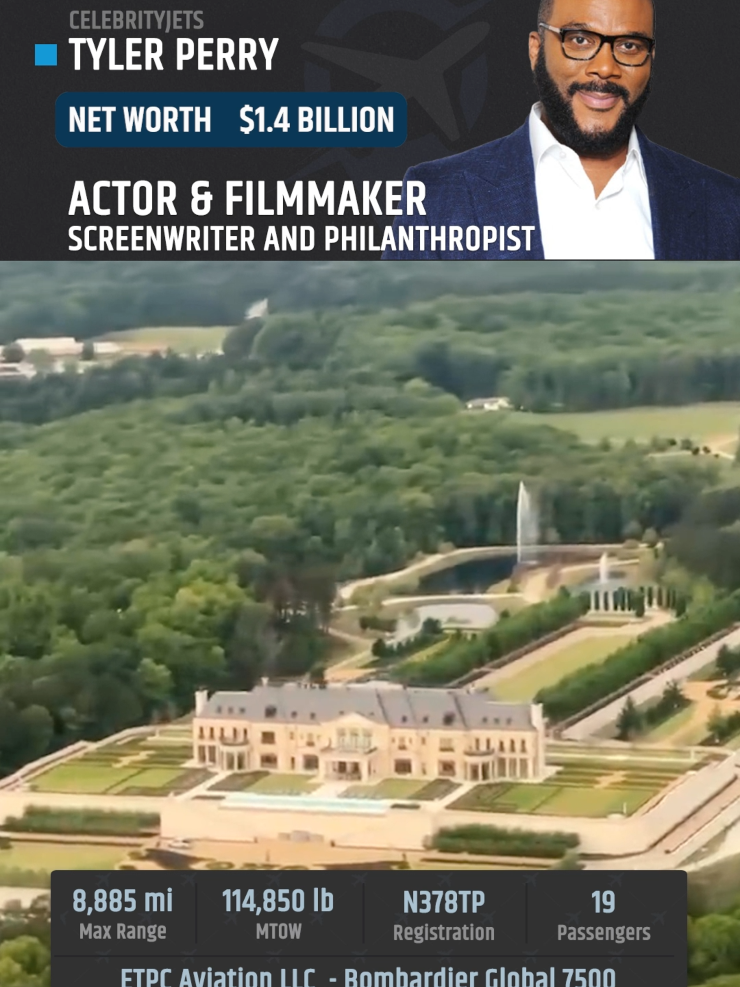 Tyler Perry is a world-renowned producer and director who owns a Global 7500 N378TP. He lives in #Atlanta in a hughe manson with his own runway for his RC Jets Collection. #avgeek