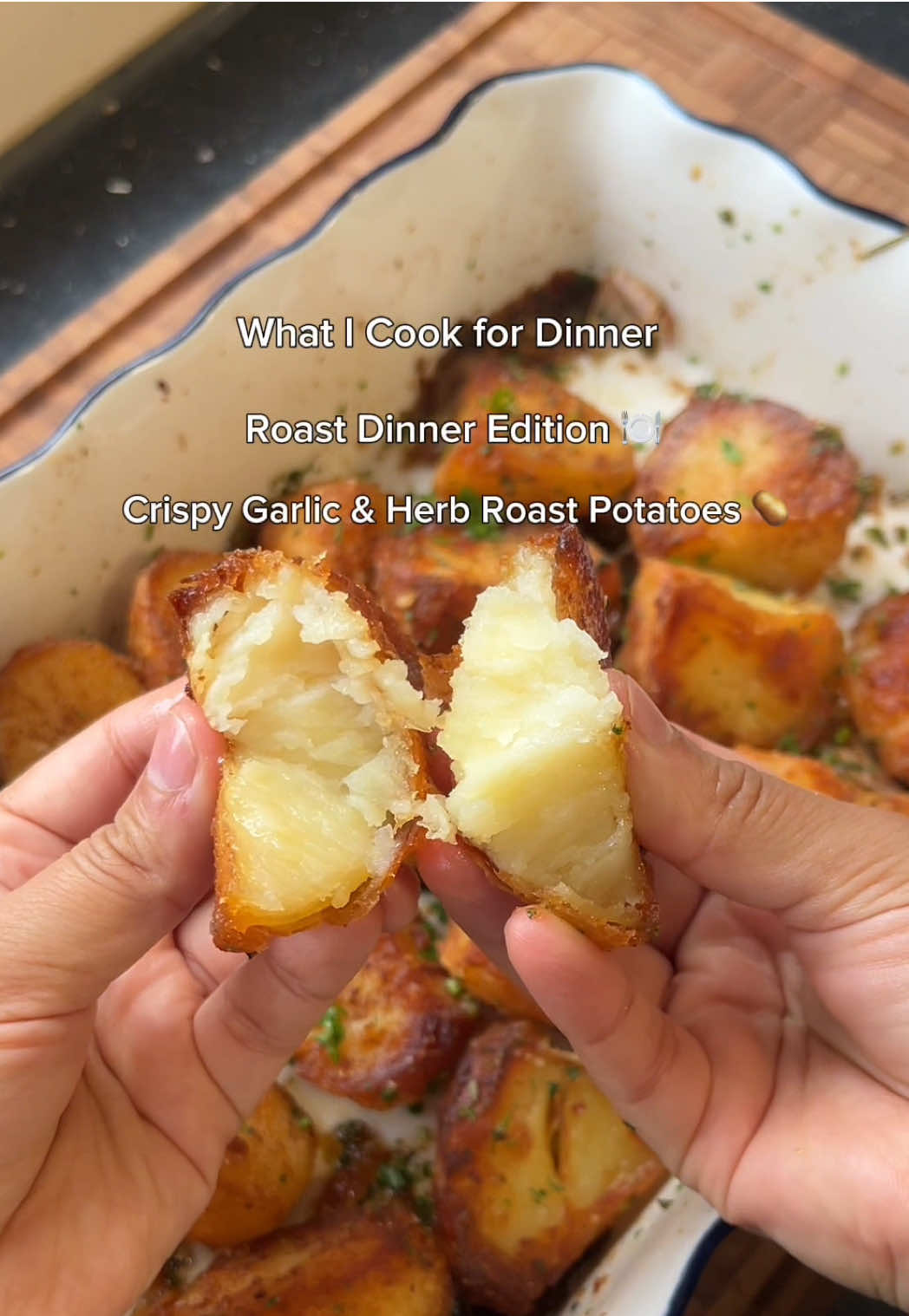 Roast Dinner Ep. 1 - Roast Potatoes! 🥔  Ingredients:  - 2kg of Maris Piper / King Edward / Large Baking Potatoes  - 2tbsp Trex, 1tbsp Butter (use 3tbsp Animal Fat)  - 1tsp Salt  - Fresh herbs; Rosemary, Thyme, Chives, Parsley - 1tsp Crushed Pepper  - 6 Cloves of Crushed Garlic Cloves  Recipe:  - Peel and cut your potatoes into quarter sizes, wash them in cold water  - In a pan, par boil your spuds with salt for 20 minutes. Optionally you can add a stock cube or baking soda into the water.  - Meanwhile, in a large roasting pan, add your goose fat / baking fat (2-3 tbsp). (Or use 2 roasting pans for space)  - Here I’ve used Trex (vegan baking fat, for Vegan roasties) and butter with a pinch of salt. You can also use oil!  - Preheat the oven to 190 C - Heat your roasting pan in the oven for 10 minutes. Time this so it’s ready right before the potatoes are ready (or you can burn your fat)  - Strain your potatoes, and allow them to sit for 5 mins to dry them out.  - Add a sprinkle of cornstarch / cornflour (or flour).  - With the pan lid on, gently shake your pan to ruffle up the spuds and edges, and evenly coat the flour  - Add your spuds to the hot fat (it should sizzle). Give them plenty of space! Coat the fat around the spuds - Bake at 190 C for 95 - 100 mins - Every 20-30 mins, take the spuds out, toss them around to roast evenly on each side.  - After 50-60 mins, add your fresh herbs and crushed garlic and put back into the oven  - Meanwhile, finely dice your fresh herbs - Once fully roasted, sprinkle salt & pepper, and add your fresh herbs!  - - - - - - - - - #nishatcooks #roastpotatoes #roastdinner #christmas #sundayroast 