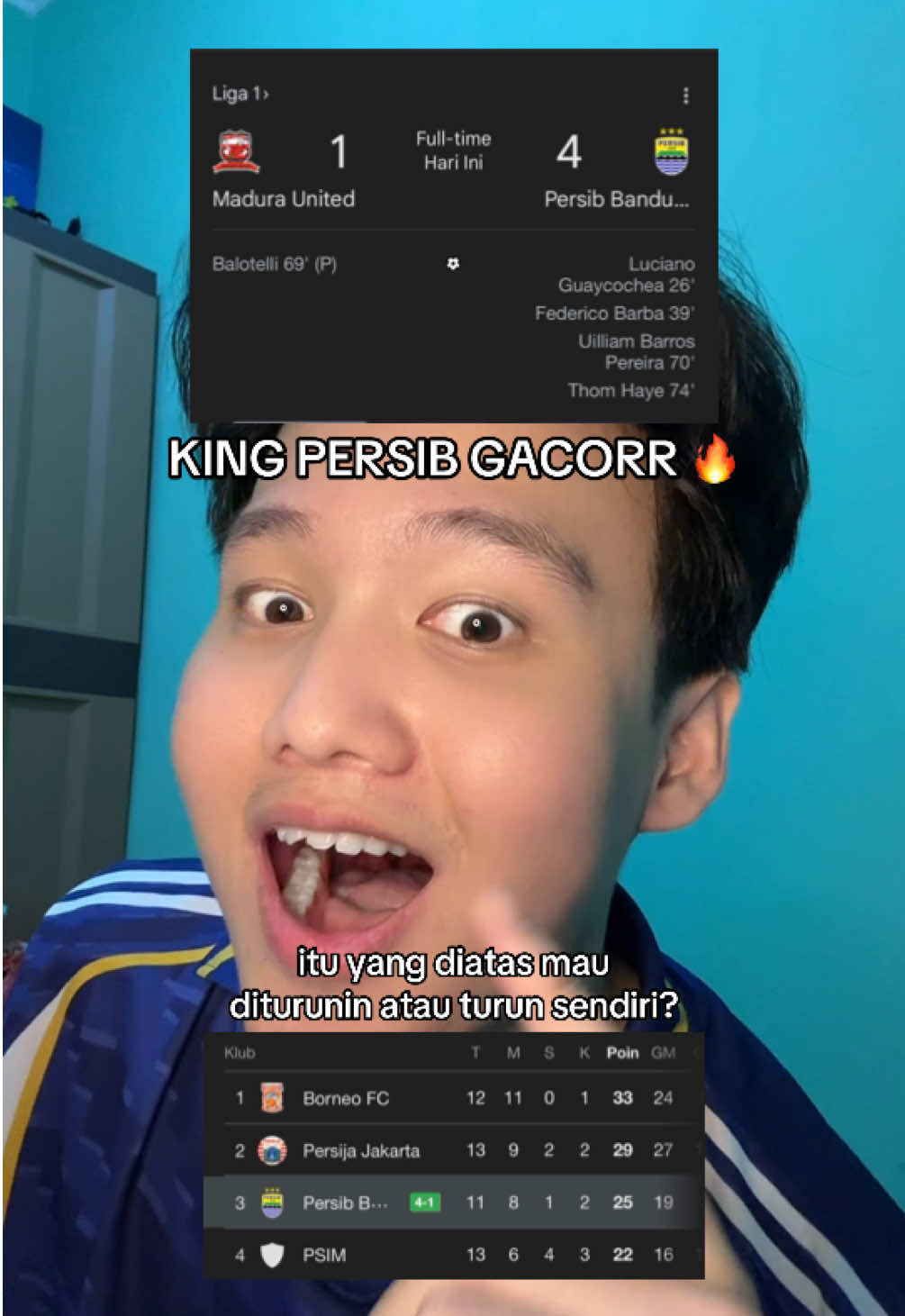 KING PERSIB GACORR!! Persib Bandung menang telak atas Madura United dengan skor 4-1. Itu yang diatas mau diturunin atau turun sendiri? LET’S GO!! #persib #persibbandung #persibday #maduraunited #brisuperleague 